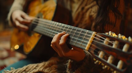 Fototapeta premium The hands playing the Guitar belong to a man.