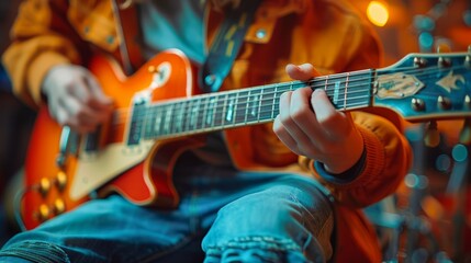 Obraz premium The hands playing the Guitar belong to a man.