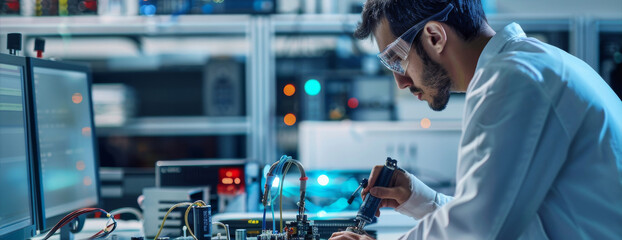 Experienced Electrical Engineer Testing Circuit Boards and Electronic Components in a High-Tech Lab