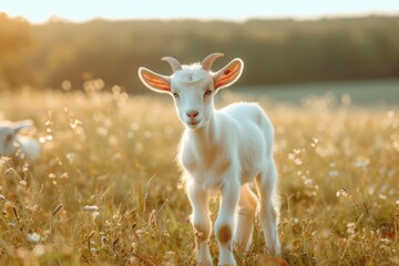 Obraz premium Tranquil Meadow Grazing: Tiny Goat Amidst Tall Grass