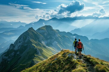 Fototapeta premium Two hikers on a ridge gazing at the stunning mountain scenery bathed in the warm light of sunset