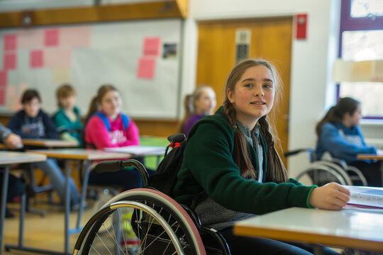 A disabled girl is sitting in a wheelchair in a classroom at school.