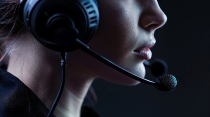 Close-up of a customer service representative wearing a headset with a microphone, captured in a high-resolution studio lighting setting. Ideal for advertising and promotional materials