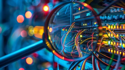 A magnifying glass hovering over a data center server rack, emphasizing the intricate wiring and connections