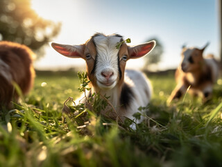 Serenity abounds as a goat indulges in grass, while its young ones playfully roam
