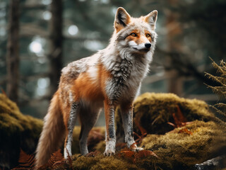 Fototapeta premium A fox stands prominently on a forested hill, captured in a close-up shot