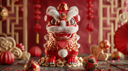 A red and gold Chinese lion statue with a white background
