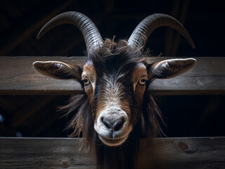 Playful curiosity displayed as a goat peeks from a wooden pen