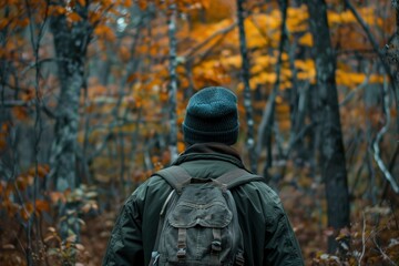 Back view of a person with backpack wandering through a vibrant fall woodland