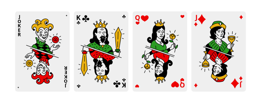 Set playing cards. Jack queen king and ace. Poker game. Vector illustration. Unique drawings.