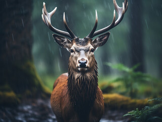 A deer, its antlers majestic, stands steadfast in the rain