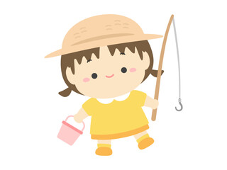 釣り竿とバケツを持って釣りに行く女の子、夏休みの子どものベクターイラスト