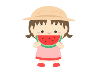 スイカを食べる女の子、夏の子どものベクターイラスト