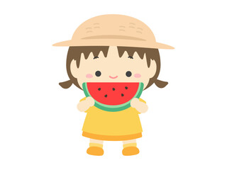 スイカを食べる女の子、夏の子どものイラスト素材