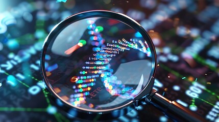 Close-up of a magnifying glass over a DNA sequence, emphasizing specific base pairs relevant to genetic research.