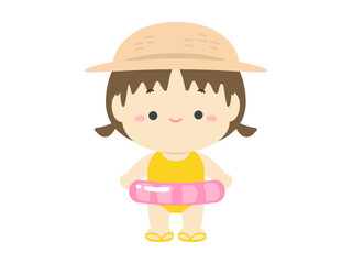 麦わら帽子をかぶり浮き輪を持った水着の女の子、夏休みの子どものベクターイラスト
