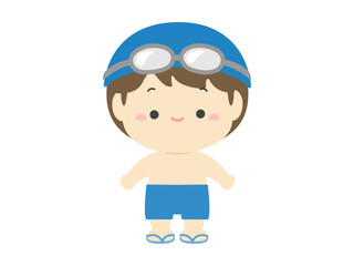 水着を着て帽子をかぶりゴーグルをつけた男の子、夏休みの子どものイラスト素材