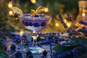 Blueberry and lavender cocktail lemon in elegant glass. Refreshing summer drink with floral decor