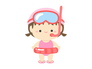シュノーケルをつけた水着の女の子、夏休みの子どものイラスト素材