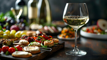 Elegant Wine Pairing with Appetizers: High Resolution Image Showcasing Light and Flavorful Combinations with Glossy Backdrop   Photo Stock Concept
