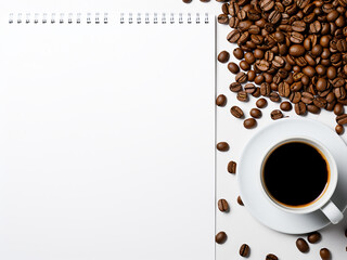 Coffee cup, beans, and notebook against white background