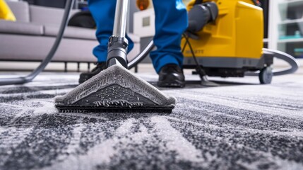 Closeup photo of professional cleaner washing a carpet, realistic cleaning service image