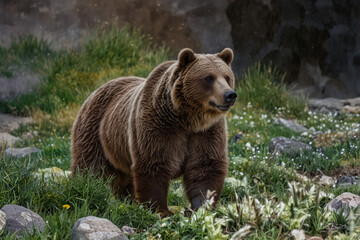 Grizzly Bear Walking in Field of Green Grass and Flowers