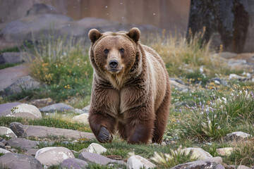 Obraz premium Grizzly Bear Walking in Field of Green Grass and Flowers