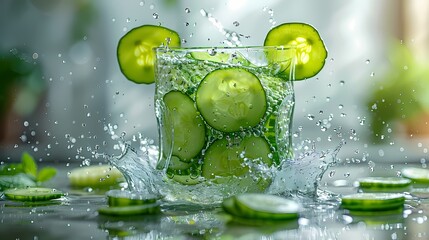 a refreshing cucumber juice splash on a pristine white backdrop