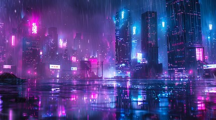 Fototapeta premium Cyberpunk Skyline: Futuristic Urban Landscape with Vibrant Neon Lights and High-Tech Architecture, Capturing the Essence of a Techno-Driven Metropolis in the Digital Age