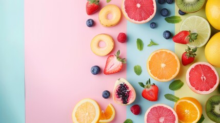 A basket of fruit including oranges, kiwis, bananas, and strawberries
