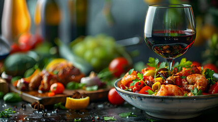 Photo realistic wine pairing with ethnic cuisine: High resolution image showcasing unique flavors and combinations of ethnic dishes with wine on glossy backdrop
