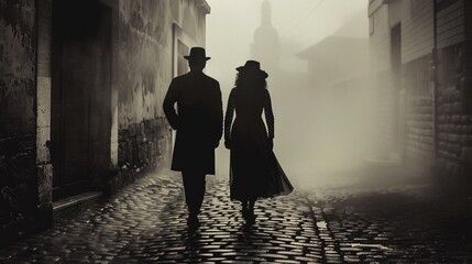 Silhouette of a senior couple walking away in a foggy historical city street. Early morning dew. Dress, black suit, hat. Historical romance concept. Walking side by side