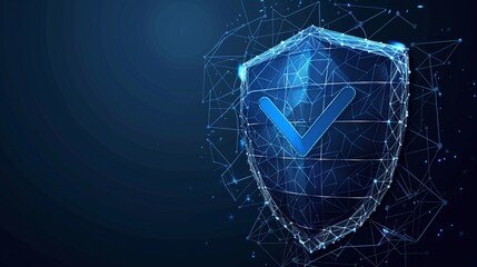 Visualizing a secure cybersecurity symbol: A dark blue wireframe shield adorned with a checkmark emblem, symbolizing robust protection and verified security measures