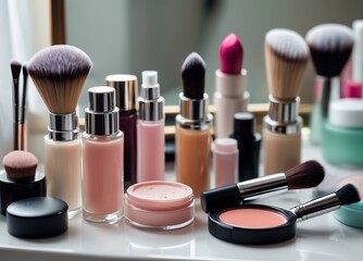 An exquisite collection of everyday cosmetics elegantly laid out on a dressing table. The assortment, featuring lipsticks, brushes, and nail polish.