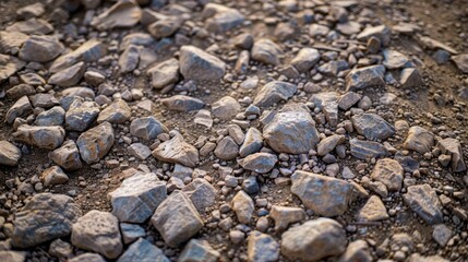 Rough Gravel Pathway Close Up with Mixed Rocks for Construction, Gardening, and Landscape Design