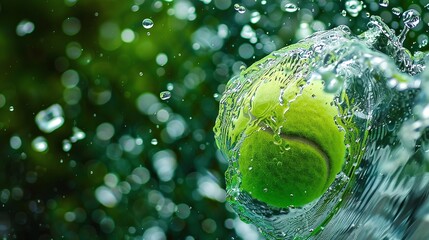 Tennis ball close-up, tennis point. Abstract splash background