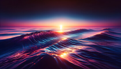 an ocean scene at sunset. The image features gentle waves illuminated by the warm colors of the setting sun, creating a peaceful and visually stunning atmosphere.
