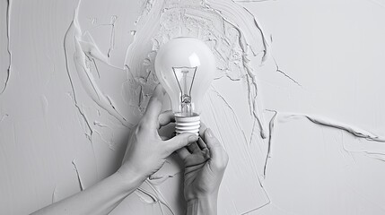 Vertical collage image of black white colors arm fingers hold light bulb isolated on painted white background