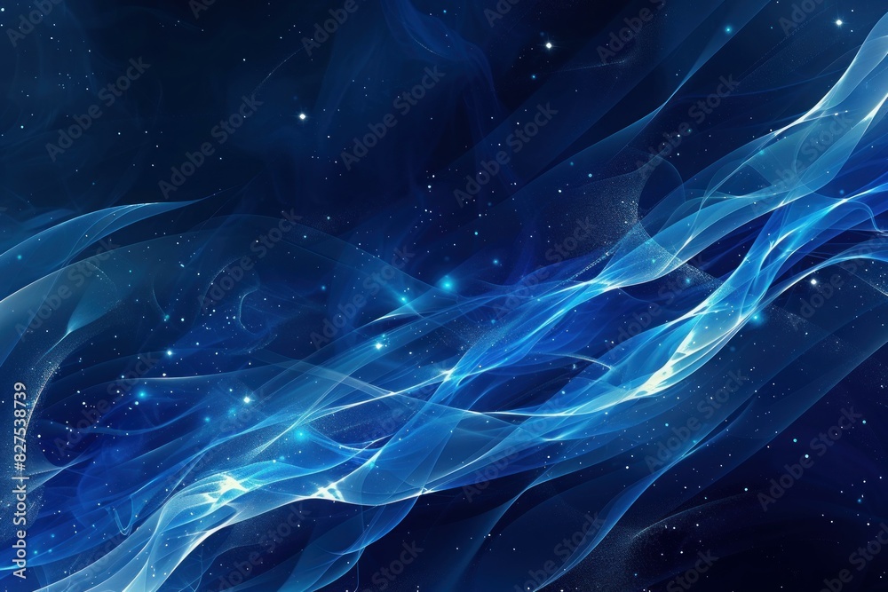 Wall mural abstract digital art background with cosmic waves, stars, and flowing particles in a dark blue ether