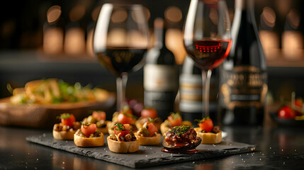 Wine Pairing with Tapas: High Resolution Image Featuring Photo Realistic Concept of Diverse and Flavorful Small Plates of Tapas Paired with Wine on Glossy Backdrop for Adobe Stock