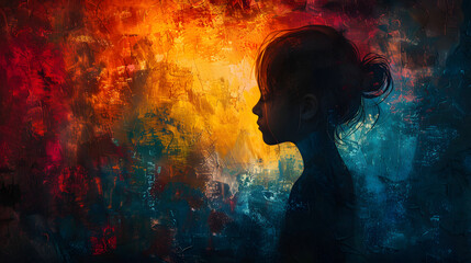 Silhouette of a child standing against a vibrant, multicolored abstract background, symbolizing unlimited imagination and a rich inner world