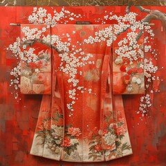 A kimono with a red background and white cherry blossoms
