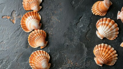 Raw scallops with shells arranged on a black textured surface from an overhead view