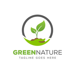 Hand with plant logo. Growth concept. Environment friendly symbol. Eco logo design