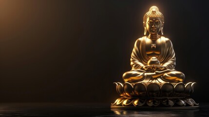 Fototapeta premium Golden buddha statue on lotus platform, realistic photo with dark background, serene symbol of peace