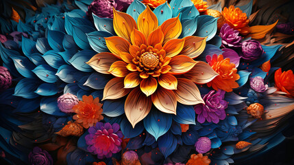 Colorful voluminous flowers close-up. Abstract floral background.