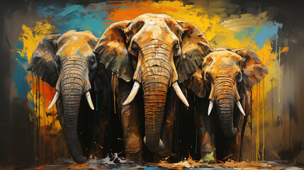 Artistic Painting Of Three Elephants on Canvas