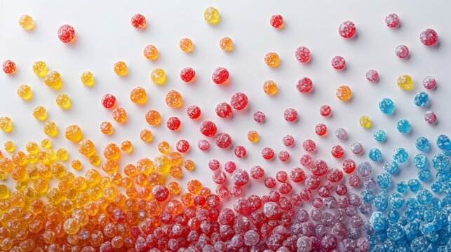 A minimalist image of sour sugar rush, with colorful candies scattered against a white background. The vibrant colors and sparkling sugar crystals evoke the energetic and exhilarating experience of