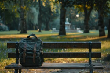 Lone backpack sits on a wooden bench in a peaceful, sundappled park setting